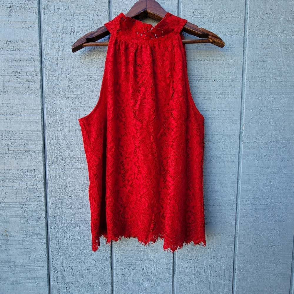 J. Crew Red Lace Sleeveless Mock Neck Top